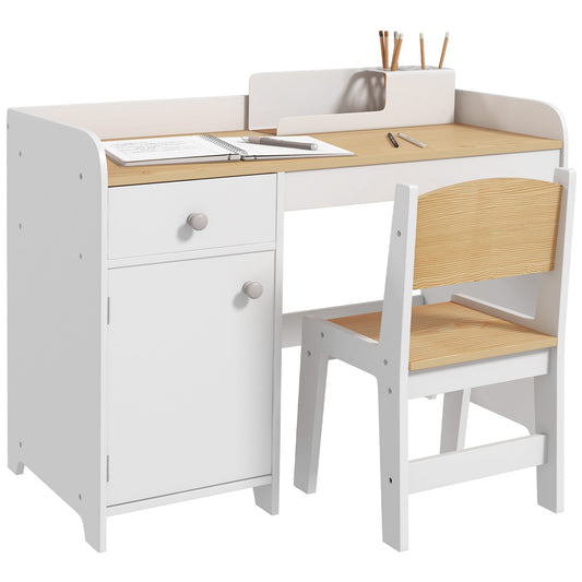 ZONEKIZ Kids Desk and Chair Set for 3-6 Years with Storage Drawer, Study Table and Chair for Children - White