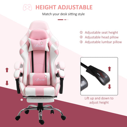 Vinsetto Pink Computer Gaming Chair, Desk Chair with 135¡ Reclining Back and Retractable Footrest, Adjustable PU Leather Lumbar Support and Headrest, Steel Base for Adults, Girls