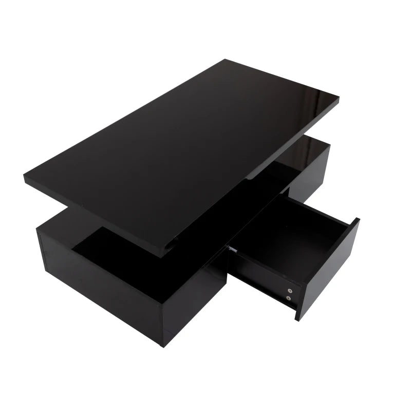 High-Gloss Coffee Table with Drawer, Two Storage Levels and LED Light, 100x50x39 cm, Black