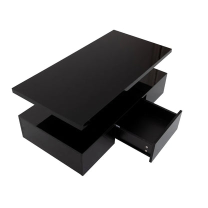 High-Gloss Coffee Table with Drawer, Two Storage Levels and LED Light, 100x50x39 cm, Black