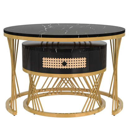 2-in-1 Marble Coffee Table Set with Marble Grain Veneer Top, Rattan Drawers, and Solid Wood Handles, Gold Iron Legs, 70x70x45.5 cm + 50x50x38.5 cm, Black+Gold