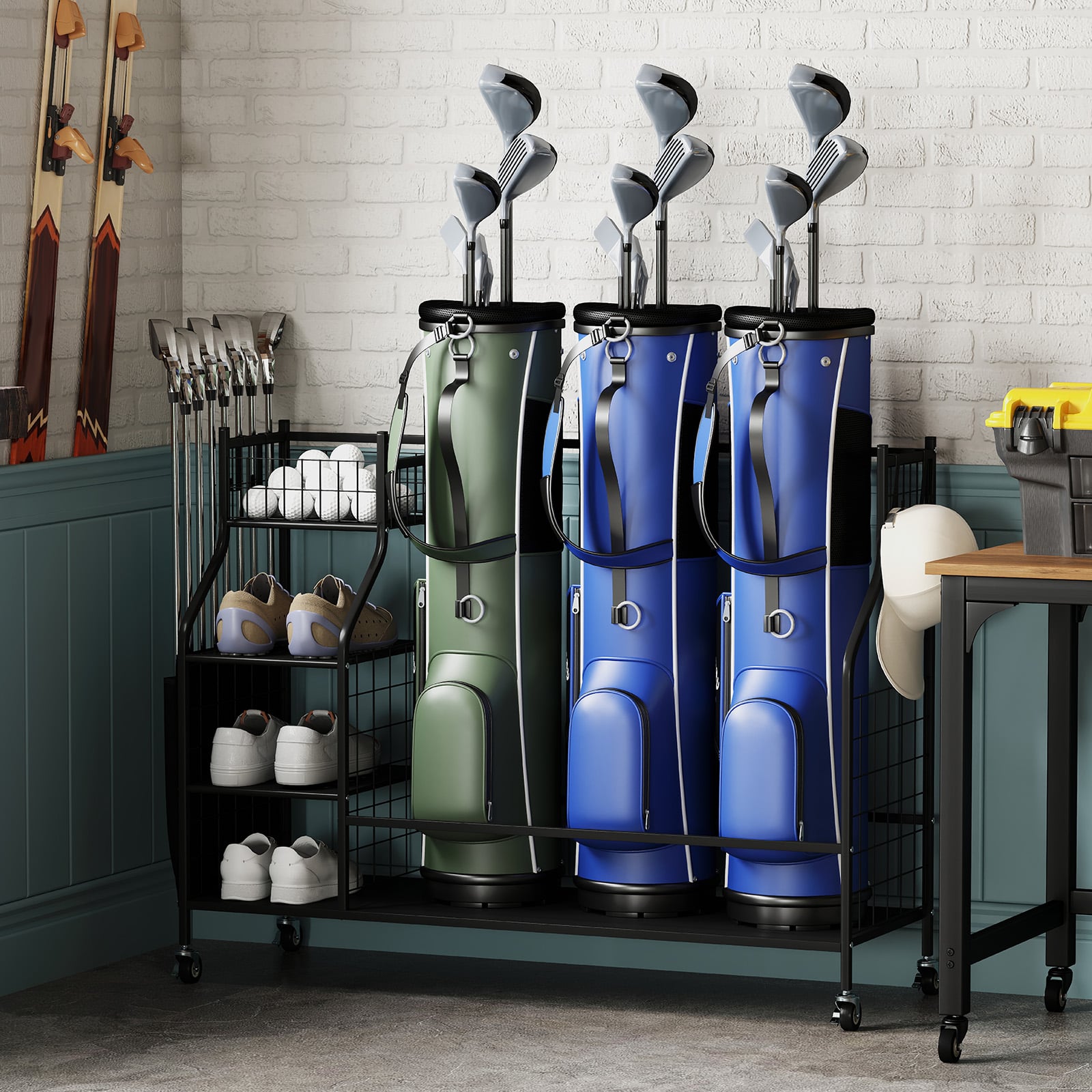 3 Golf Bag Stand for Clubs with Lockable Wheels and Removable Hooks-Black