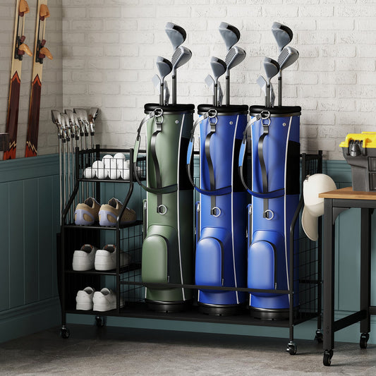 3 Golf Bag Stand for Clubs with Lockable Wheels and Removable Hooks-Black
