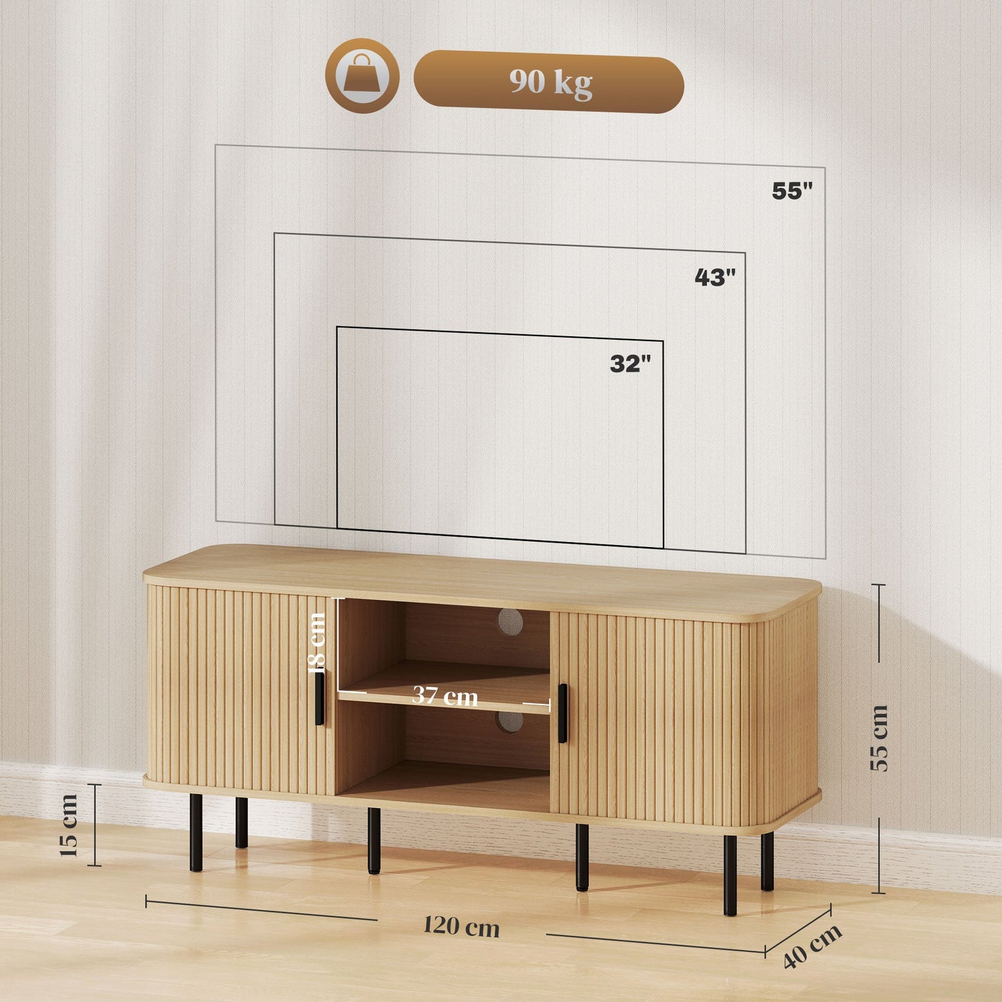 HOMCOM TV Stand Cabinet for TVs up to 55 Inches, TV Unit with Storage Shelves and Cupboard for Living Room, Oak Tone