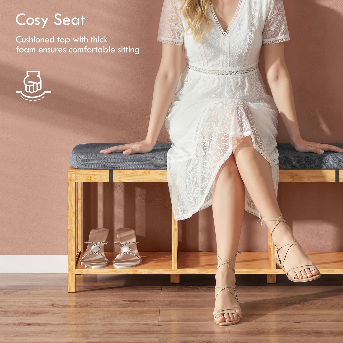 HOMCOM Bamboo Shoe Bench, Entryway Storage Bench with Padded Cushion and Open Shelf, Natural Wood Finish