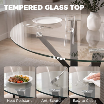 HOMCOM Round Dining Table for 4, 80cm Modern Kitchen Table with Tempered Glass Top and Cross Steel Legs, Clear