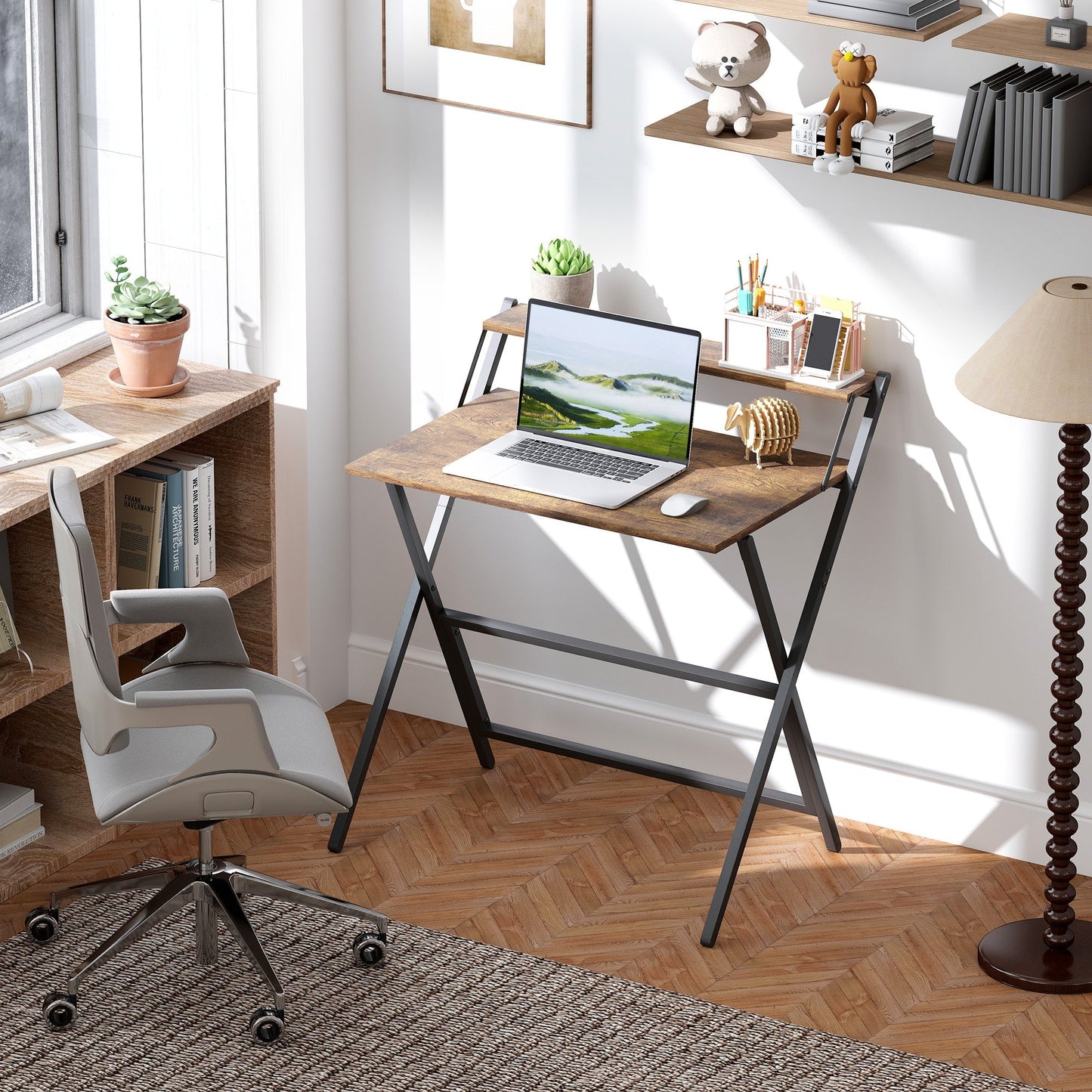 HOMCOM 81.5 cm Folding Computer Desk with Monitor Shelf - Rustic Brown
