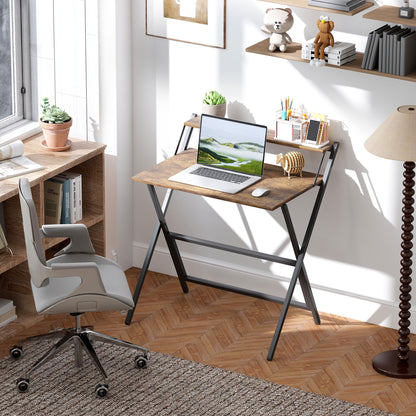 HOMCOM 81.5 cm Folding Computer Desk with Monitor Shelf - Rustic Brown