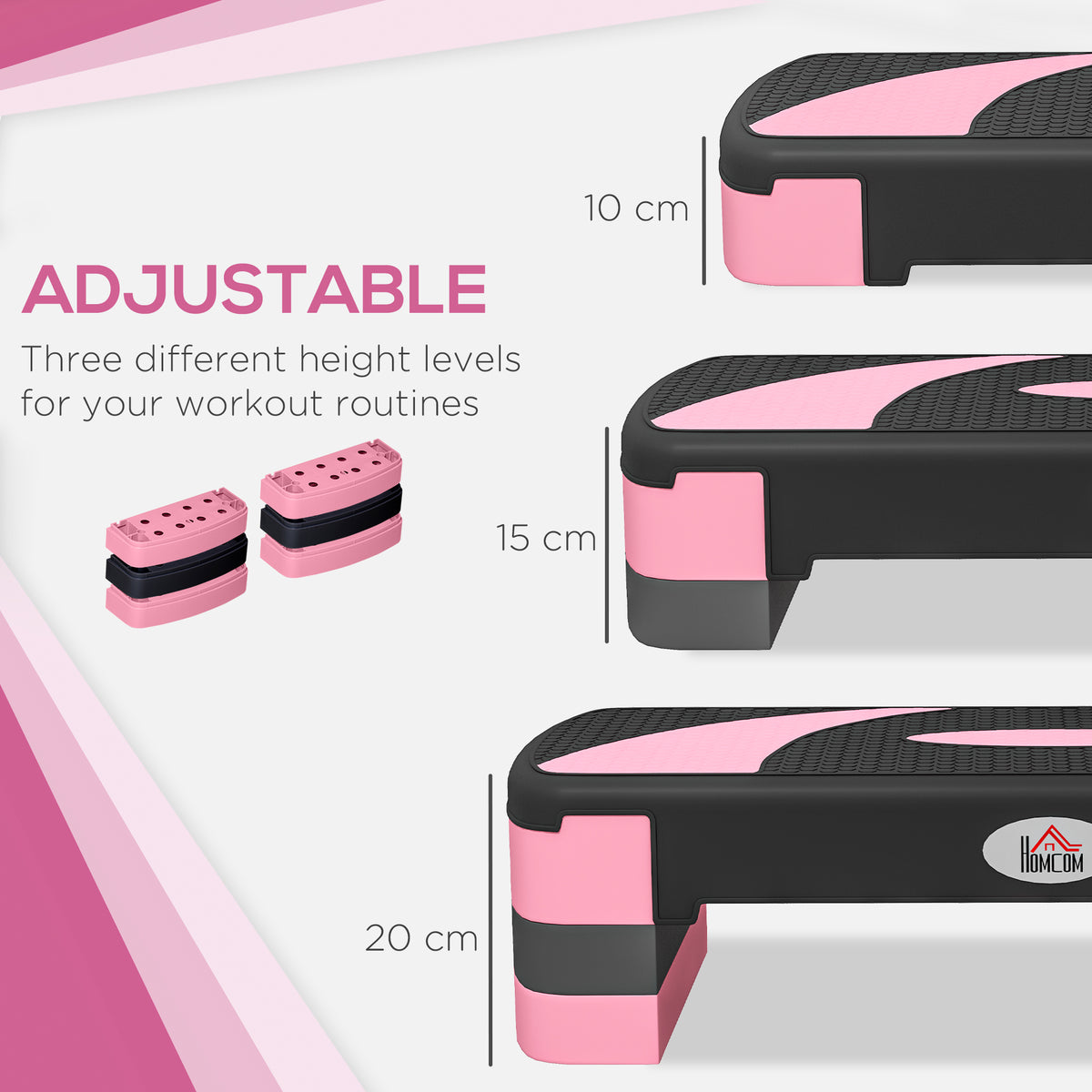 HOMCOM Aerobic Step with 3-Level Adjustable Heights for Home, Office Exercise, Black and Pink