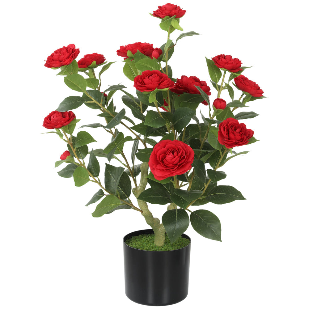 HOMCOM 65cm Artificial Camellia Flower Plant in Pot with 116 Lush Leaves & Moss Effect, Red