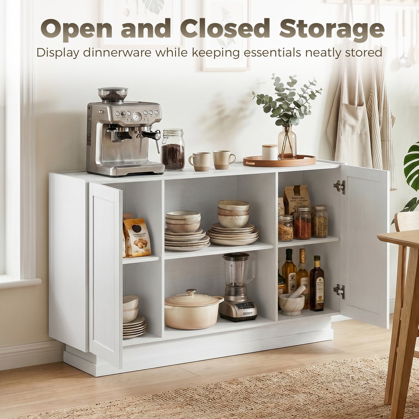 HOMCOM Sideboard Buffet Cabinet, 133 cm Storage Cabinet with 2 Open Shelves, 2 Cupboards and Soft Close Doors, White
