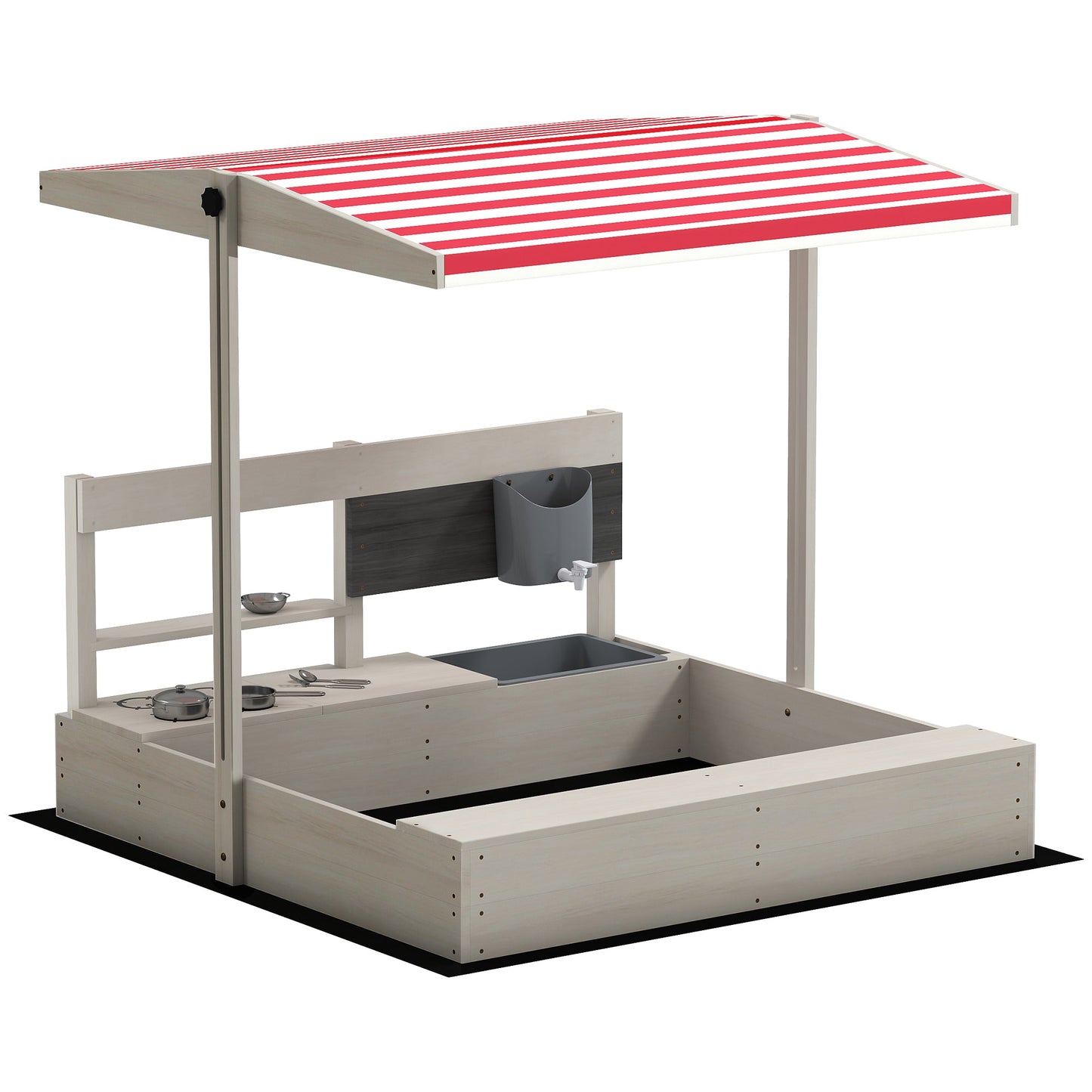 Outsunny Kids Wooden Sandbox w/ Canopy, Kitchen Toys, Seat, Storage, for Ages 3-7 Years