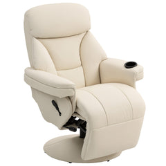HOMCOM Manual Recliner Chair with Footrest, Upholstered Reclining Armchair with Adjustable Backrest and Cup Holder, PU Leather Swivel Chair for Living Room, Bedroom, Cream White