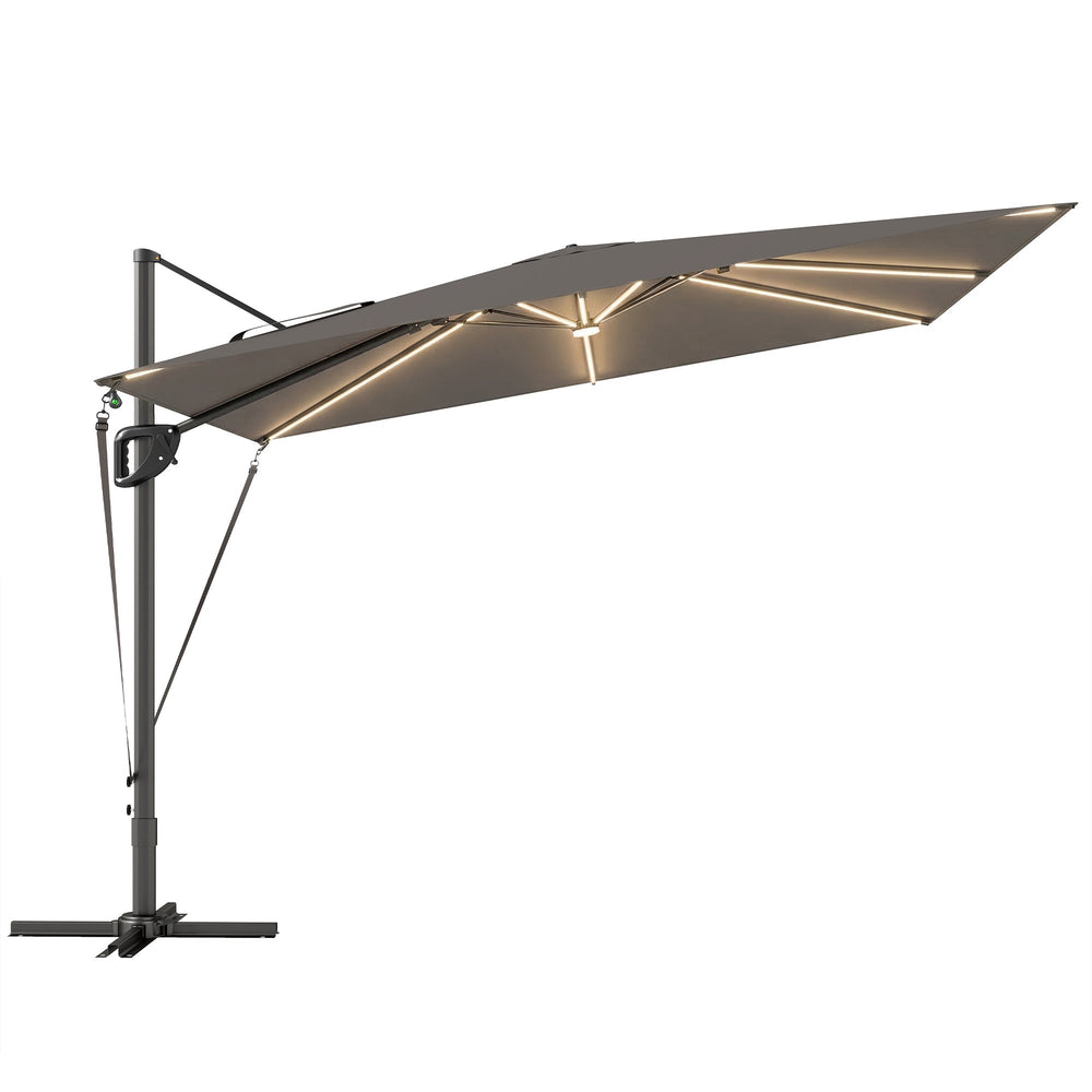 Outsunny 3 x 3 m Garden Cantilever Parasol w/ Light, Cover, UPF50+ Patio Umbrella w/ Wind Protection, 360 degrees Rotation, Dark Grey
