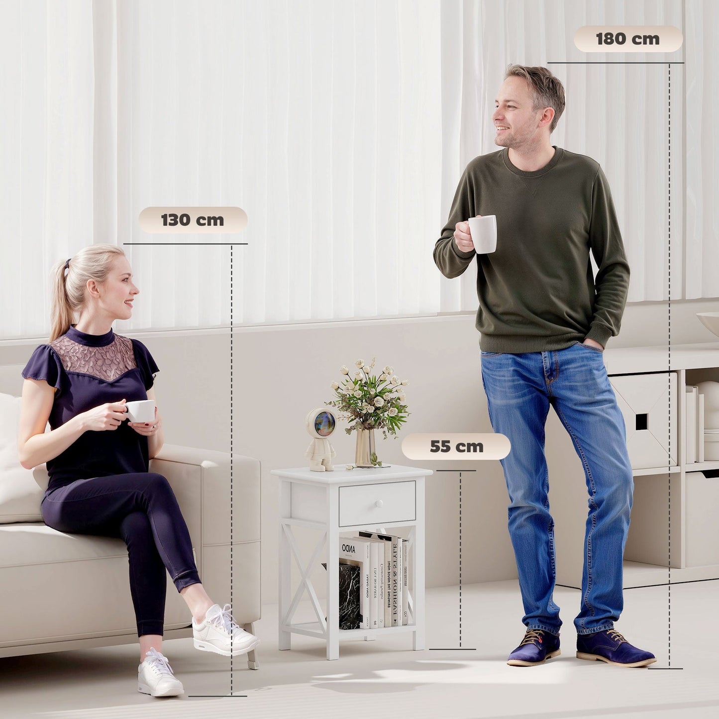 HOMCOM End Table, Sofa Side Table with Drawer X Bar Bottom Storage Shelf, Nightstand Bedside Table for Bedroom or Living Room White