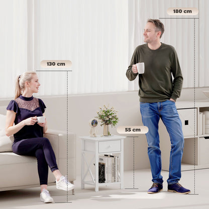 HOMCOM End Table, Sofa Side Table with Drawer X Bar Bottom Storage Shelf, Nightstand Bedside Table for Bedroom or Living Room White