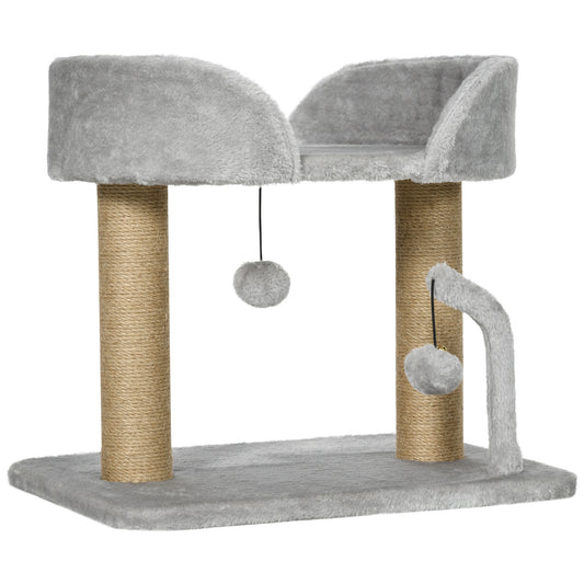 PawHut 42cm Indoor Cat Tree, with Toy Balls, Jute Scratching Post - Light Grey