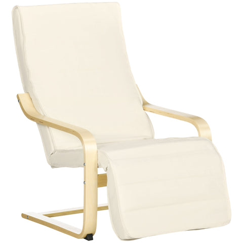 HOMCOM Wooden Armchair, Upholstered Linen Lounge Chair with Adjustable Footrest & Removable Cushion, Poang Chair for Living Room, Cream White