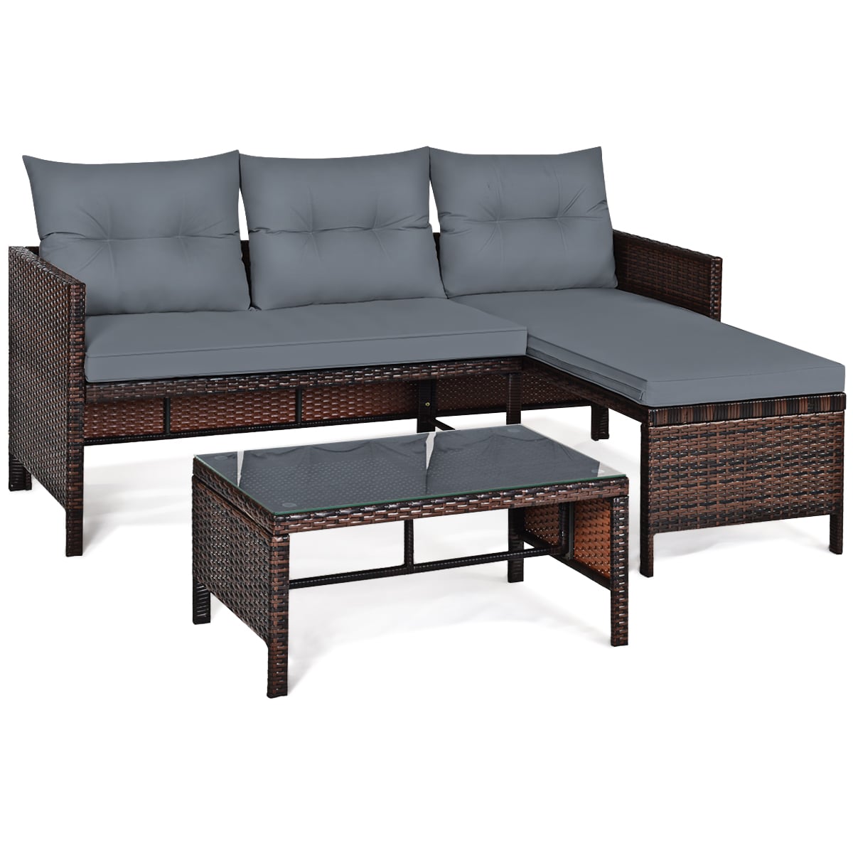 3 Pieces Patio Conversation Bistro Set with Washable Couch Cushion-Grey