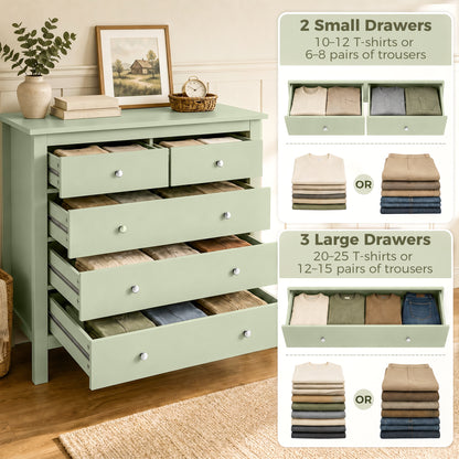 HOMCOM 5 Drawer Chest of Drawers, Modern Dresser for Bedroom, Bedside Storage Cabinet, Wide Storage Unit with Glide Runners for Living Room, Hallway, Closet, 79 x 39.5 x 80.5 cm, Sage Green