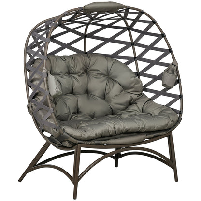 Outsunny 2 Seater Egg Chair Outdoor, Folding Weave Garden Furniture Chair with Cushion, Cup Pockets - Sand Brown