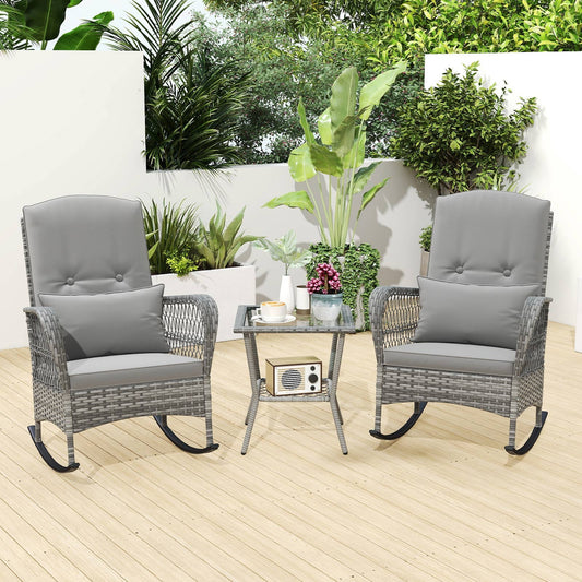 3 Piece Outdoor Rocking Chair Set with Cozy Cushions and Pillow-Grey