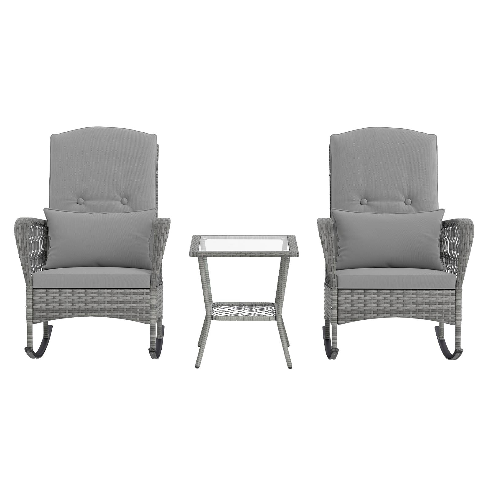 3 Piece Outdoor Rocking Chair Set with Cozy Cushions and Pillow-Grey