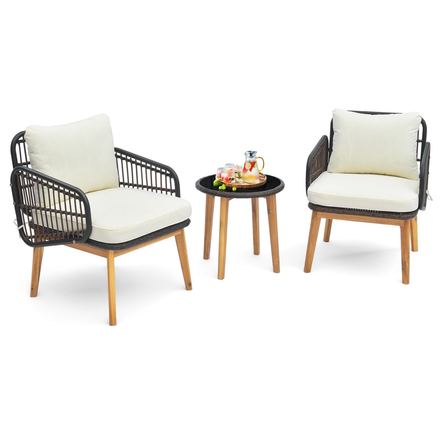3 Pieces Patio Chair Set Rattan Bistro Set with Removable Zippered Cushions-White