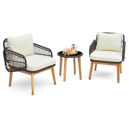 3 Pieces Patio Chair Set Rattan Bistro Set with Removable Zippered Cushions-White
