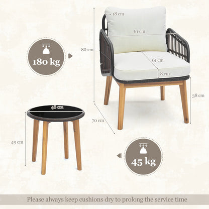 3 Pieces Patio Chair Set Rattan Bistro Set with Removable Zippered Cushions-White