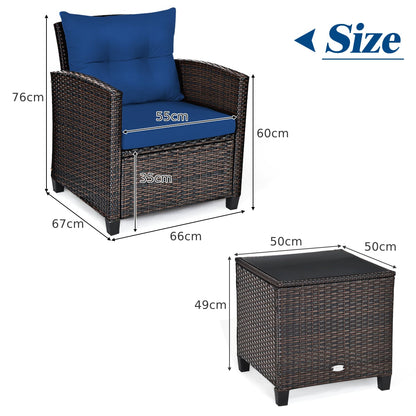3 Piece Patio Rattan Furniture Set for Porch Balcony Garden Yard-Navy
