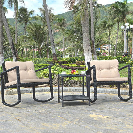 3 Pieces Outdoor Rocking Bistro Set PE Rattan with Cushions-Beige