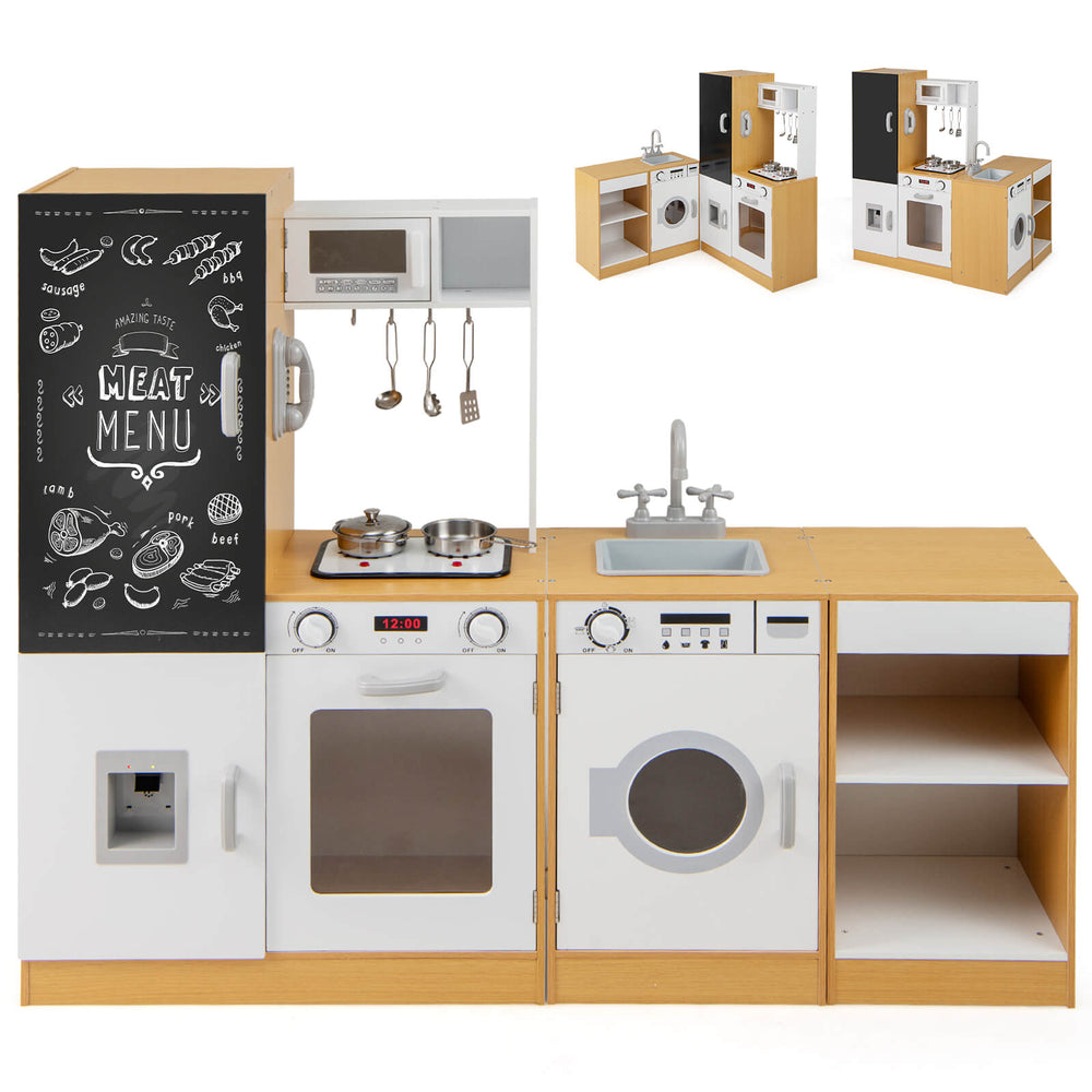 3-Piece Kids Play Kitchen Set with Realistic Sounds Lights and Blackboard-Natural