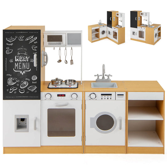 3-Piece Kids Play Kitchen Set with Realistic Sounds Lights and Blackboard-Natural
