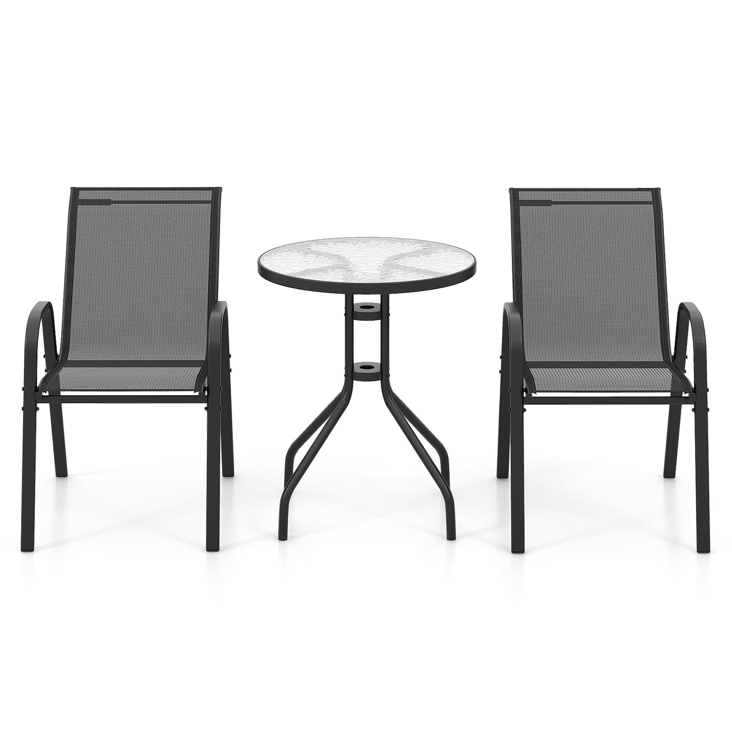 3 Pieces Outdoor Bistro Set with 2 Stackable Chairs and Round Side Table-Black