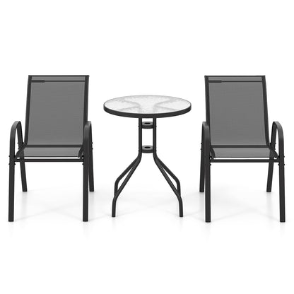 3 Pieces Outdoor Bistro Set with 2 Stackable Chairs and Round Side Table-Black