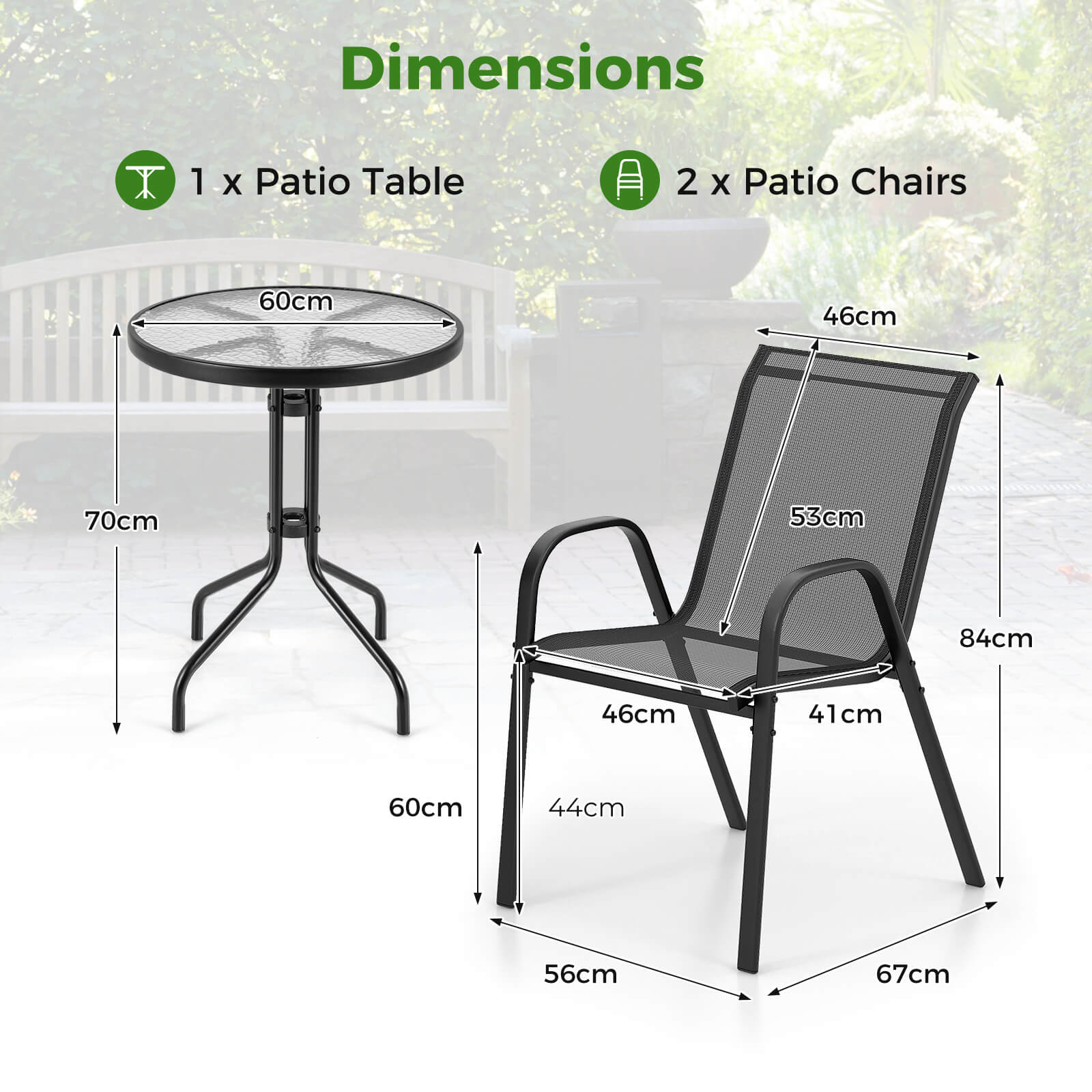 3 Pieces Outdoor Bistro Set with 2 Stackable Chairs and Round Side Table-Black