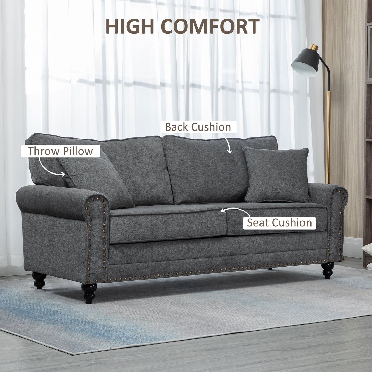 HOMCOM 196cm 3 Seater Sofa, Fabric Sofa with Rubber Wood Legs, Nailhead Trim, 2 Pillows, Small Upholstered Couch Settee for Living Room, Guest Room, Grey