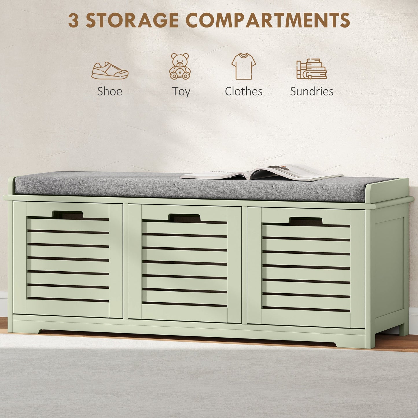 HOMCOM 3-Drawer Shoe Storage Bench - Green