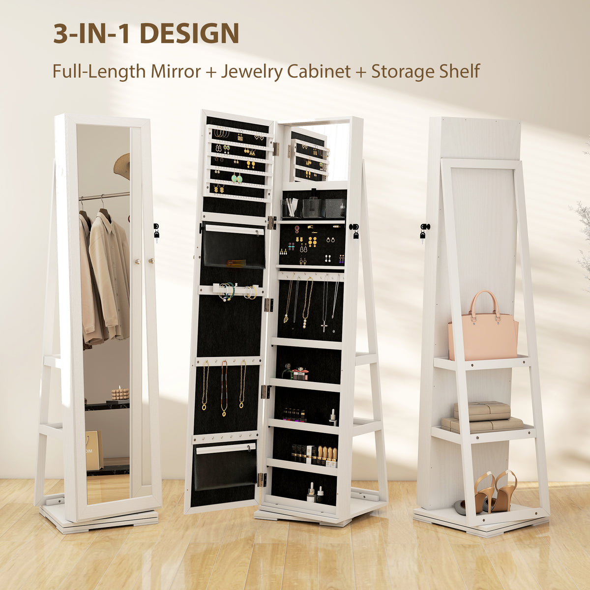 HOMCOM 360° Swivel Jewellery Cabinet, Free Standing Full Length Mirror with Storage, Lockable Jewellery Organiser with Built-in Makeup Mirror and Storage Shelves for Bedroom, White