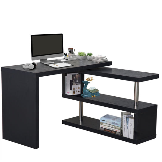 HOMCOM L Shaped Desk with 360Â° Rotating Storage Shelves, Corner Computer Desk, Space Saving Study Table for Home Office, Black