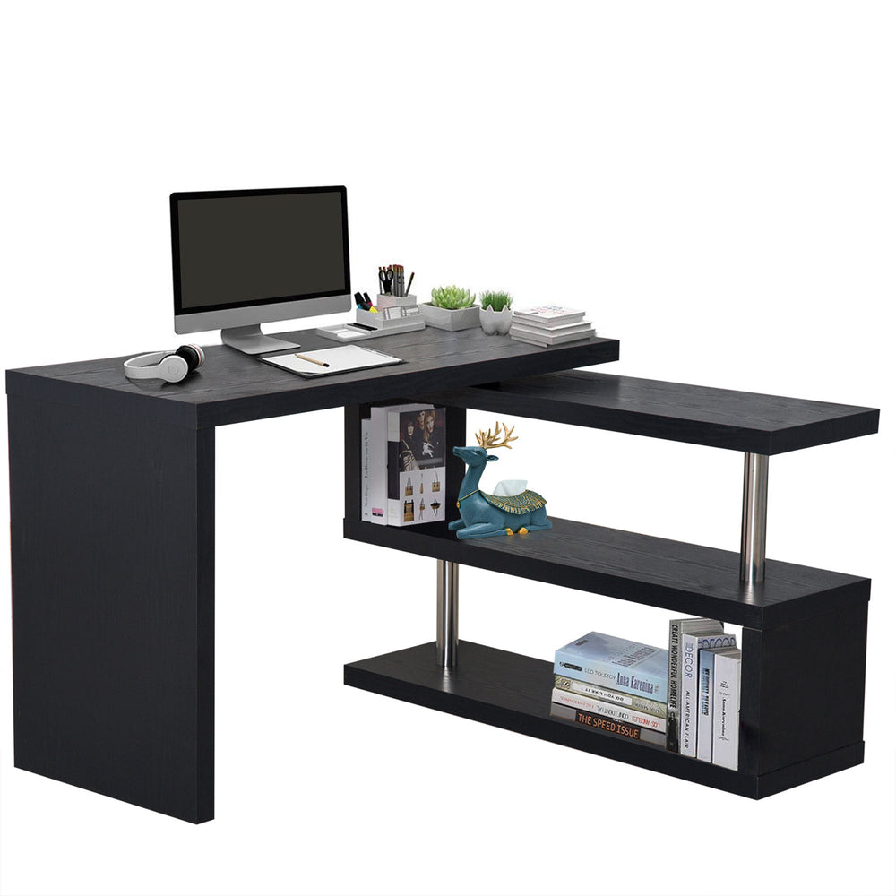 HOMCOM L Shaped Desk with 360 degrees Rotating Storage Shelves, Corner Computer Desk, Space Saving Study Table for Home Office, Black