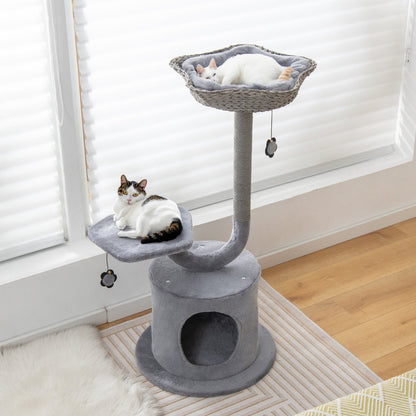 3-Tier Cat Tree with Raper Rope Covered Scratching Post-Grey