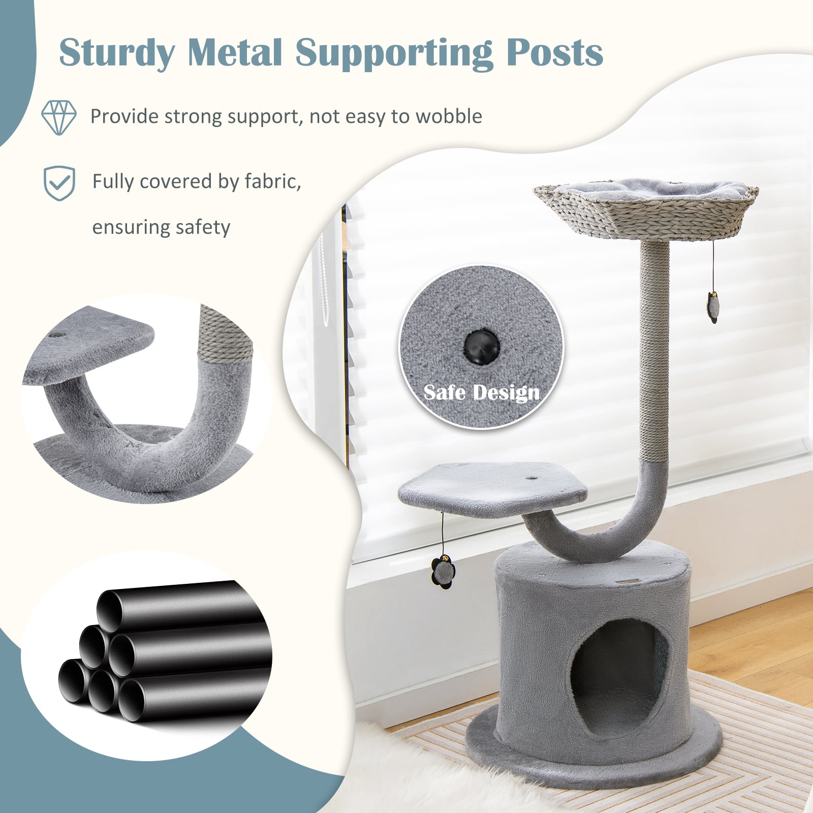 3-Tier Cat Tree with Raper Rope Covered Scratching Post-Grey