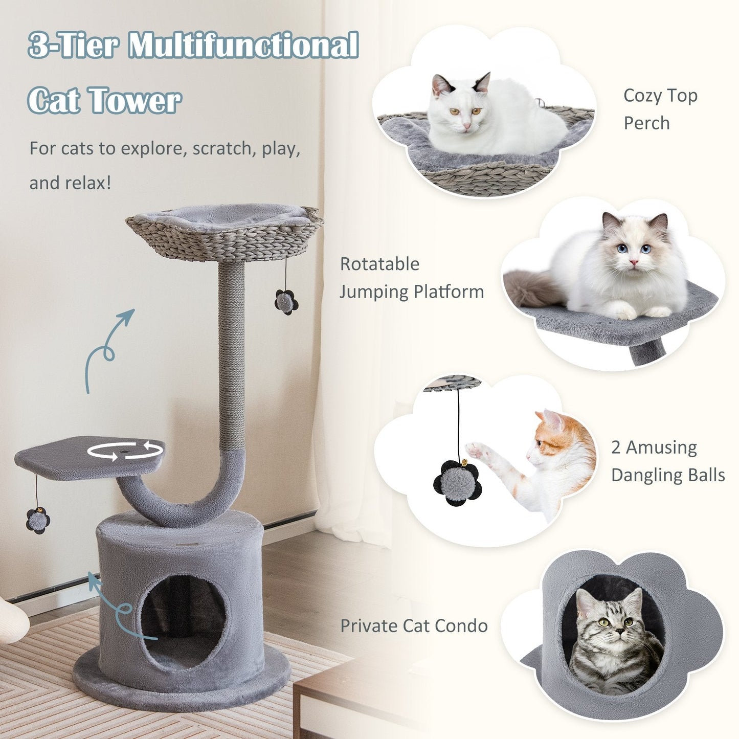 3-Tier Cat Tree with Raper Rope Covered Scratching Post-Grey