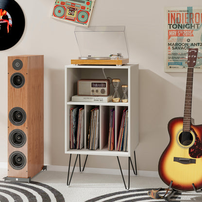 3-Tier Record Player Stand with Charging Station Shelf and 4 Dividers-White