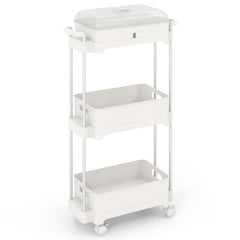 3-Tier Rolling Utility Cart Storage Trolley with Removable Cover and Shelves-White