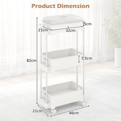 3-Tier Rolling Utility Cart Storage Trolley with Removable Cover and Shelves-White