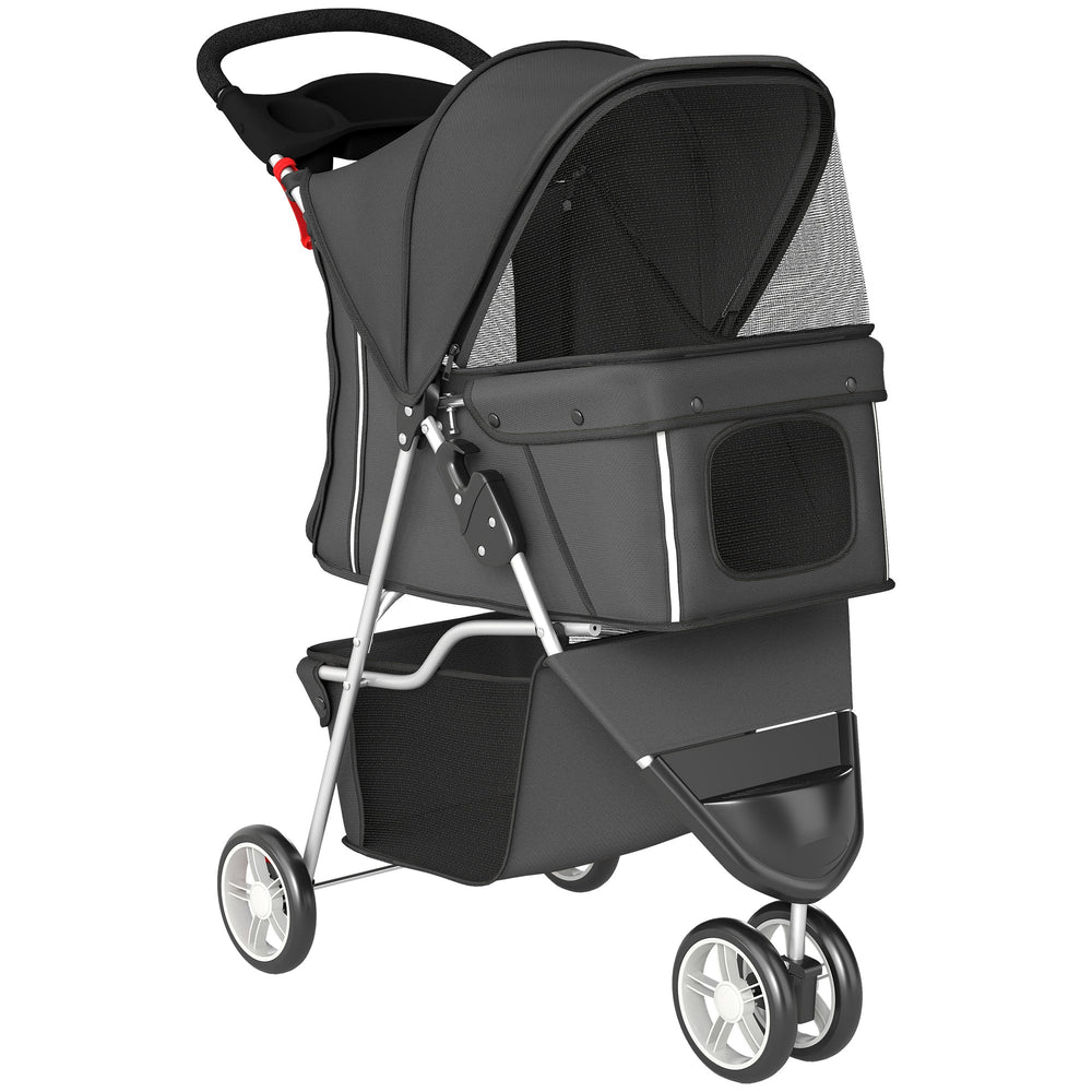 PawHut Dog Stroller, 3 Wheels Foldable Pet Stroller with Adjustable Canopy, Storage Basket for Small Mini Breeds, Dark Grey