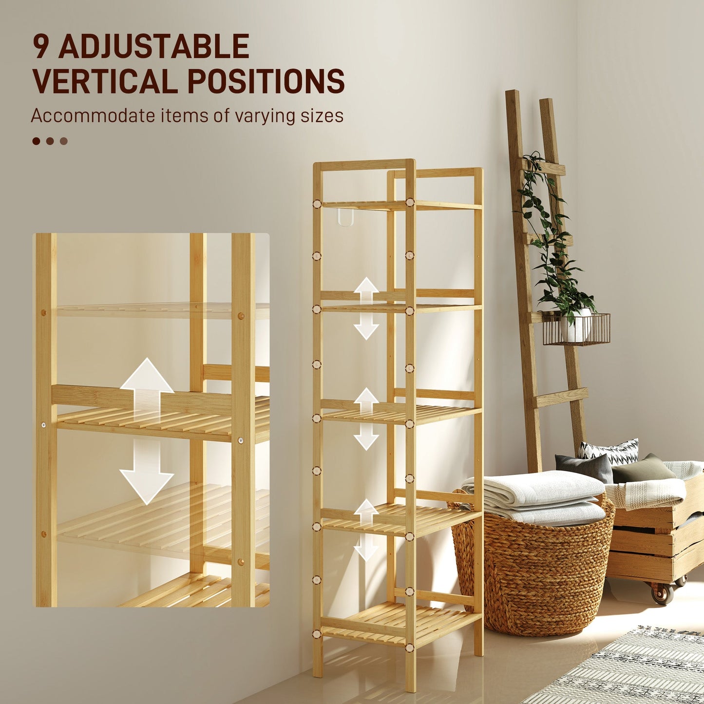 HOMCOM 5-Tier Bamboo Bathroom Storage Shelf, Freestanding Shelving Unit with Adjustable Rack for Kitchen Bathroom Living Room, Natural Wood Finish